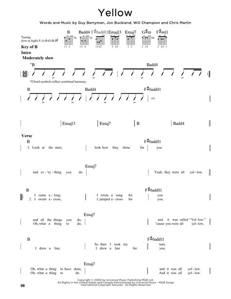 Yellow By Coldplay Guitar Cheat Sheet Guitar Instructor