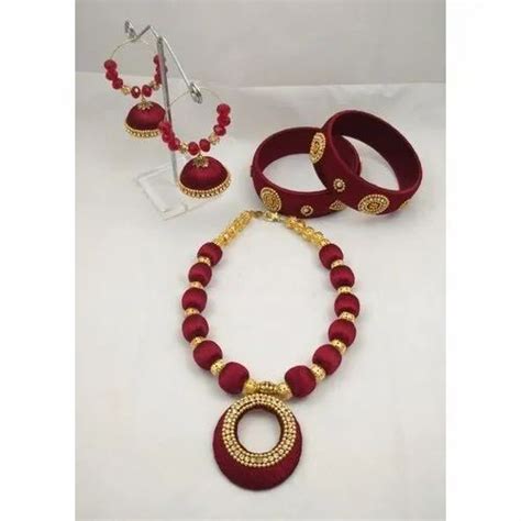 Maroon Base Designer Silk Thread Necklace Set Packaging Type Packet