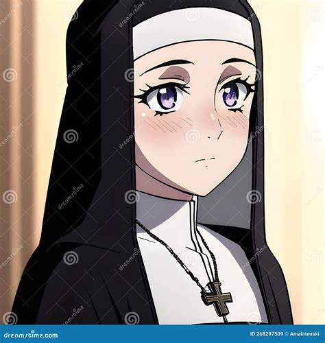 Shy Anime Manga Girl In A Nun Outfit Standing In A Monastery