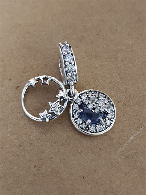 Authentic Pandora Blue Night Sky Crescent Moon Stars Dangle Charm