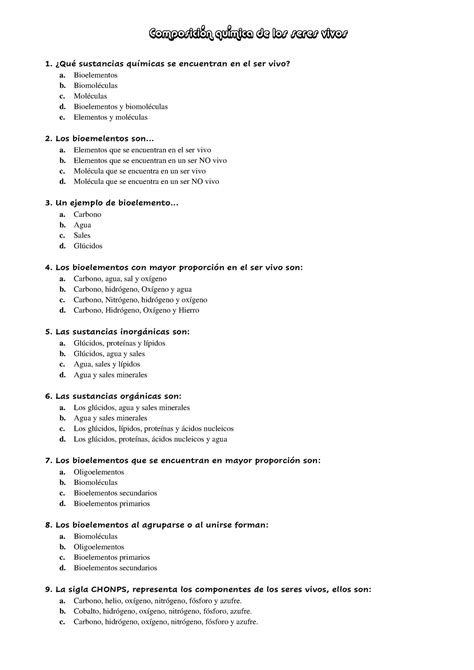 Preguntas De Composicion Quimica De Los Seres Vivos Jeronimo