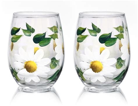 Daisy Stemless Wine Glasses Set Of 2 Hand Painted Daisy Etsy