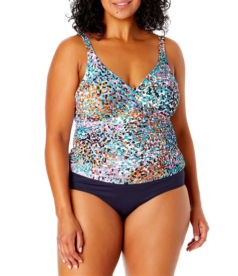 Anne Cole Plus Size Sunset Dot Printed V Neck Underwire Tankini Swim Top And High Waisted Shirred