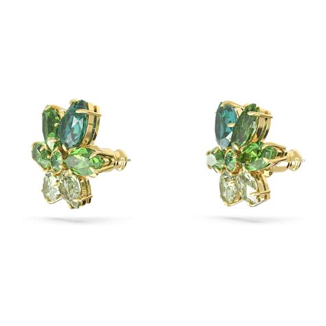 Gema Stud Earrings Mixed Cuts Flower Green Gold Tone Plated Swarovski