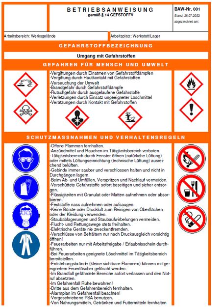 Betriebsanweisung Gefahrstoffe Betriebseinrichtungen