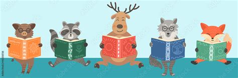 Cute woodland animals read books. Children's vector illustration. Kids' library concept ...