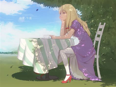 Blonde Hair Clouds Dress Drink Grass Leaves Long Hair Maredoro Purple Eyes Touhou Yakumo Yukari