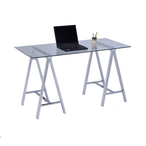 Lyke Home Modern Sleek Chrome Metal And Glass Computer Desk