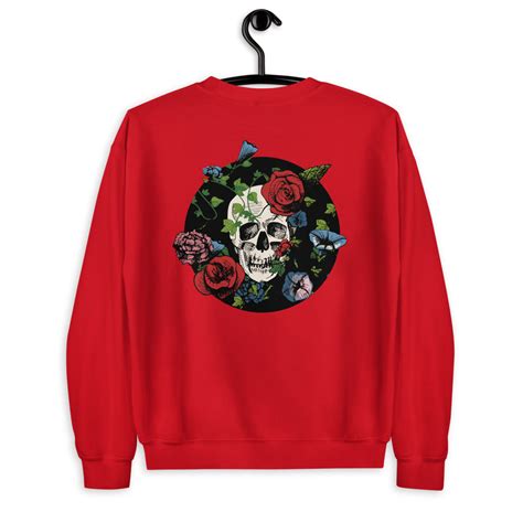 Skull Plants And Flowers Unisex Sweatshirt Vintage Engraving Style