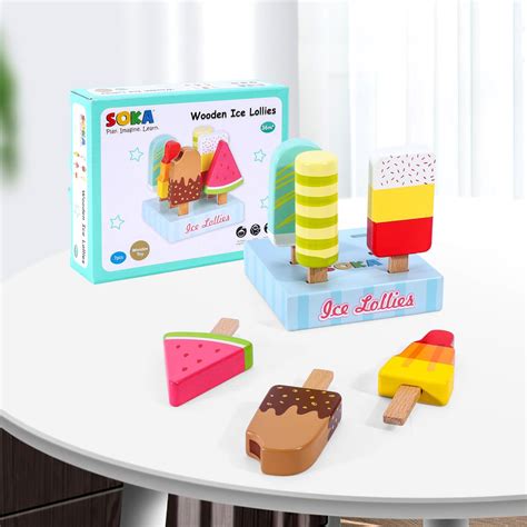 Soka Wooden Ice Lollies 7 Pieces Ice Cream Popsicle Selection Pretend