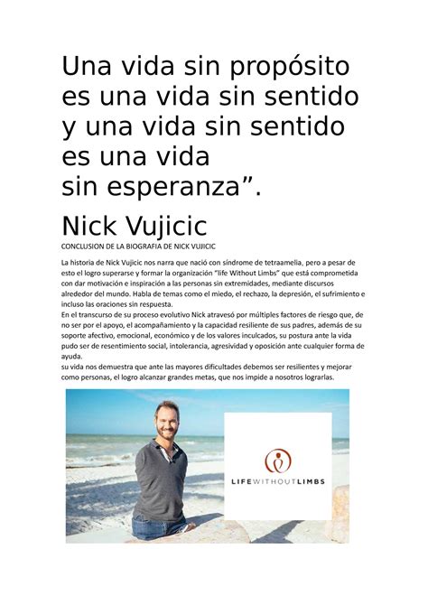 Conclusion de la lectura Nick Vujicic Una vida sin propósito es una