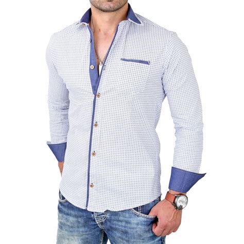 Reslad Herren Hemd Design Slim Fit Kontrast-Kragen Langarmhemd RS-720