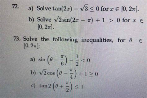 Solved 72 A Solve Tan 2x −3≤0 For X∈[0 2π] B Solve