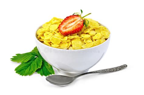 Cornflakes In A White Bowl With Strawberries Stock Image Image Of