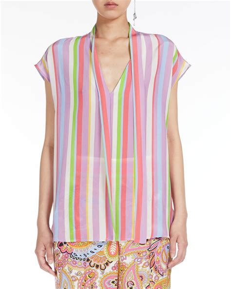 Blusa multicolore in crêpe de Chine di pura seta a righe con scollo a V