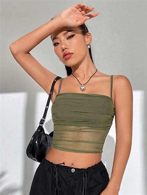 SHEIN EZwear ArmyGreen Summer Tops Solid Ruched Mesh Cami Top SHEIN UK