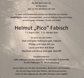 Traueranzeigen Von Helmut Fabisch Nordwest Trauer De