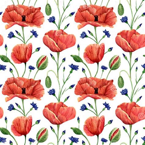 Seamless Poppies And Cornflowers Pattern Watercolor Floral Background