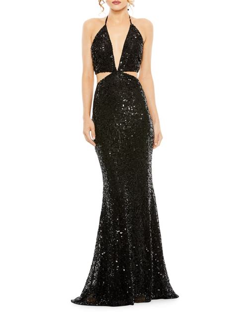 Mac Duggal Cut Out Halter Tie Back Sequin Gown In Black Modesens