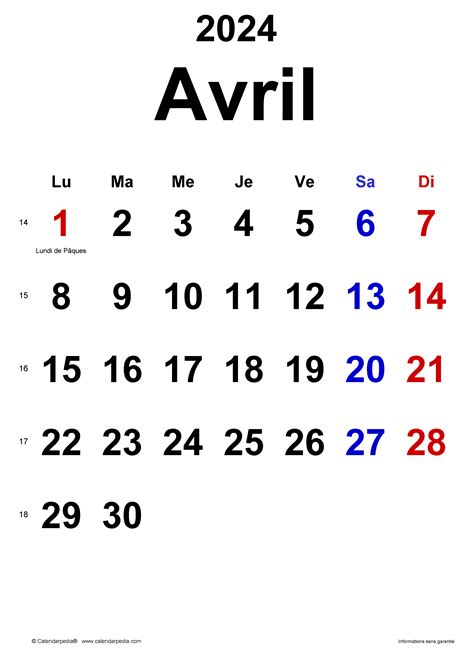 Calendrier 2024 Mois Avril 2024 Image To U