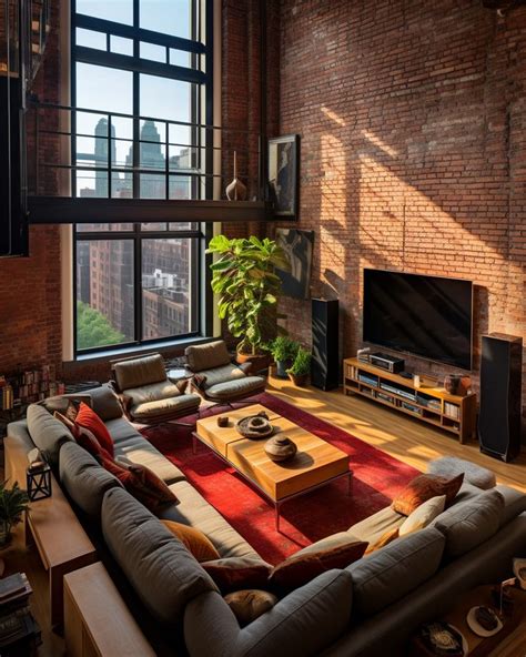 A Large Living Room With Brick Walls And Floor To Ceiling Windows