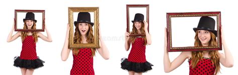 Pretty Girl In Red Polka Dot Dress With Picture Frame Isolate Stock