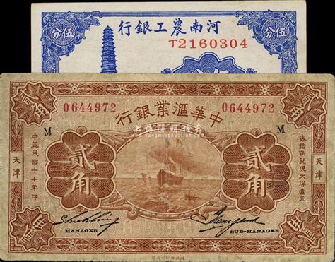 纸币2种，详分：中华汇业银行1928年贰角，天津地名，七成新；河南农工银行1937年伍分，九六成新 春华秋实 · 中国纸币 拍卖结果 上海阳明