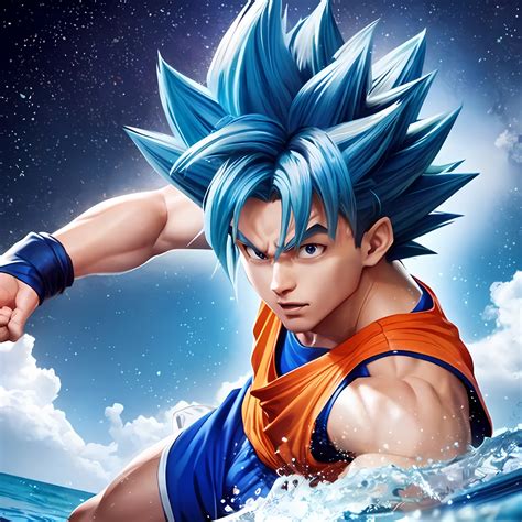 A Man In A Blue Shirt And Orange Shorts Is In The Water Super Saiyan Blue Photorealistic Human