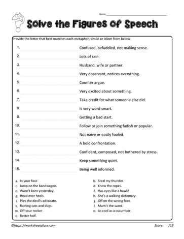 Figures Of Speech Worksheet Grade