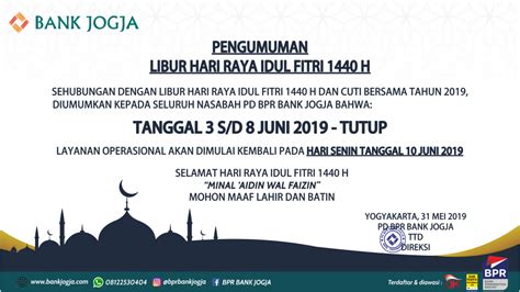 Pengumuman Libur Hari Raya Idul Fitri 1440 H Bank Jogja