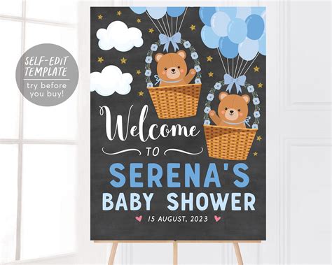 Bear Balloons BOY Welcome Sign Editable Template Teddy Bear Hot Air Balloon Baby Shower Sign