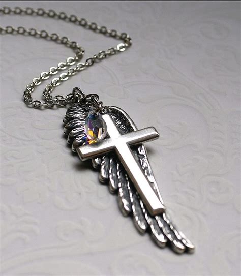 Angel Wing Necklace Silver Cross Necklace Religious Jewelry Etsy