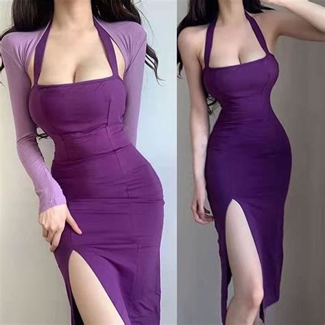 Women Purple Maxi Dresses New Sexy Hanging Neck Bra Sling Dress Slim Waist Bodycon Dress Night