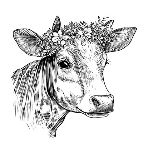 Retrato De Vaca Flores Na Ilustra O Do Vetor Desenhado Desenhado