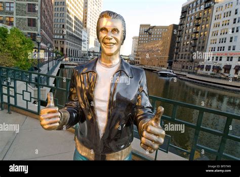 Statue of Fonzie from the hit TV series "Happy Days" on riverwalk of ...