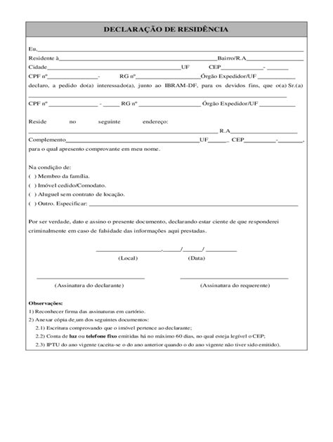 Fillable Online Modelos De Declarao De Residncia Para Todas As