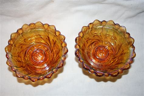 Indiana Glass Carnival Marigold Wild Rose Candle Holders