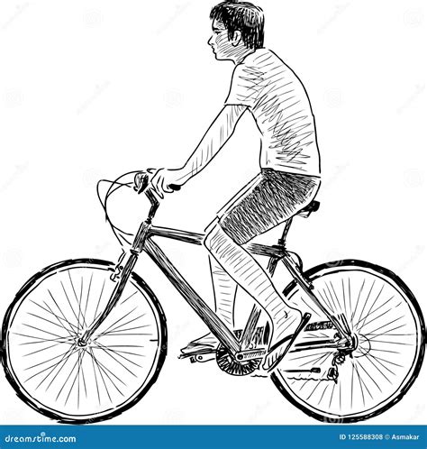 Sketch Of A Young Man Riding A Bike Stock Vector Illustration Of