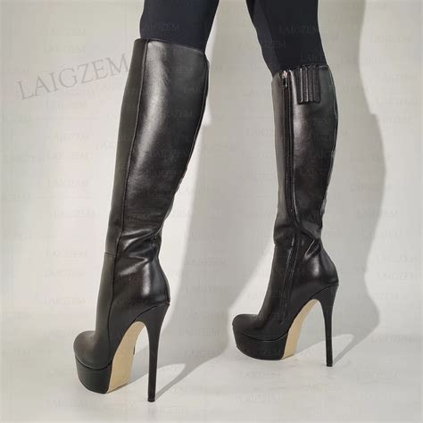 LAIGZEM Bottes Hautes En Similicuir Pour Femmes Chaussures Plateforme