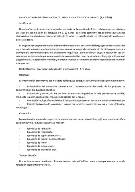 Memoria Taller Estimulacion Del Lenguaje Picon PDF