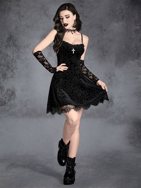 Gothic Contrast Lace Velvet Cami Dress Without Gloves SHEIN USA