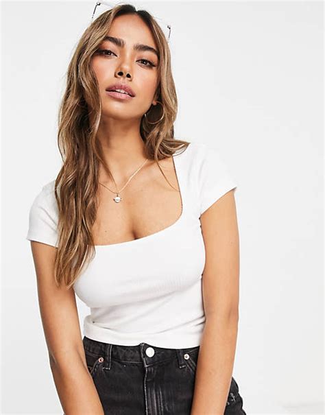 Stradivarius Square Neck Seamless Top In White Asos