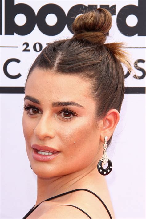 Lea Michele Straight Medium Brown Bun Hairstyle Steal Her Style