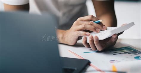 Close Up Hand Of Accounting Man Working On Workplace Desk In Office Use