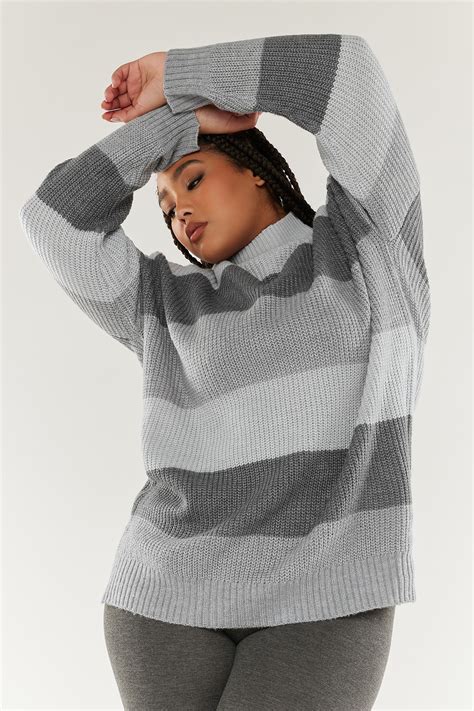 YOURS Plus Size Grey Stripe High Neck Knitted Jumper 2024