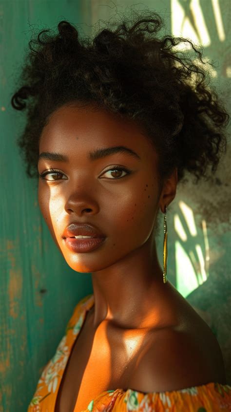 Radiant Beauty African Bikini Model In Vibrant Orange Dress And Earrings Against Green Wall Ifoto