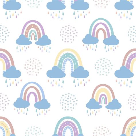 Abstract Rainbow With Clouds And Raindrops Doodles And Circles In A