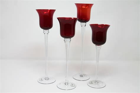 Set Of 4 Red Glass Candle Holders