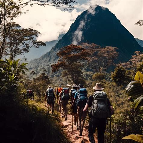 Um Grupo De Caminhantes Caminhando Por Uma Floresta Densa Uma