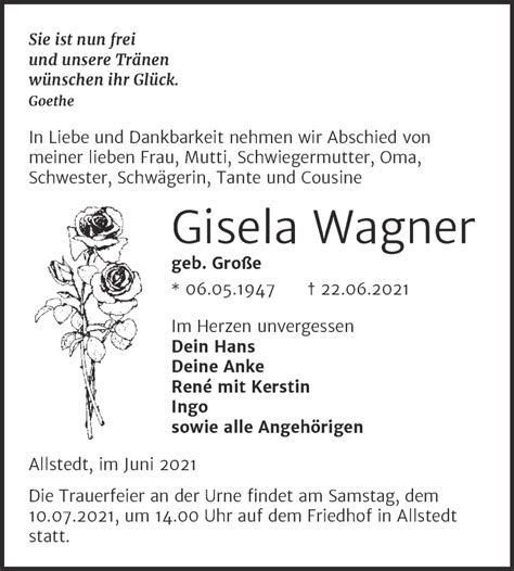 Traueranzeigen Von Gisela Wagner Abschied Nehmen De